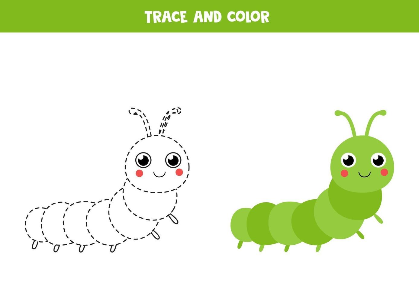 Trace and color cute caterpillar. Tracing lines. vector