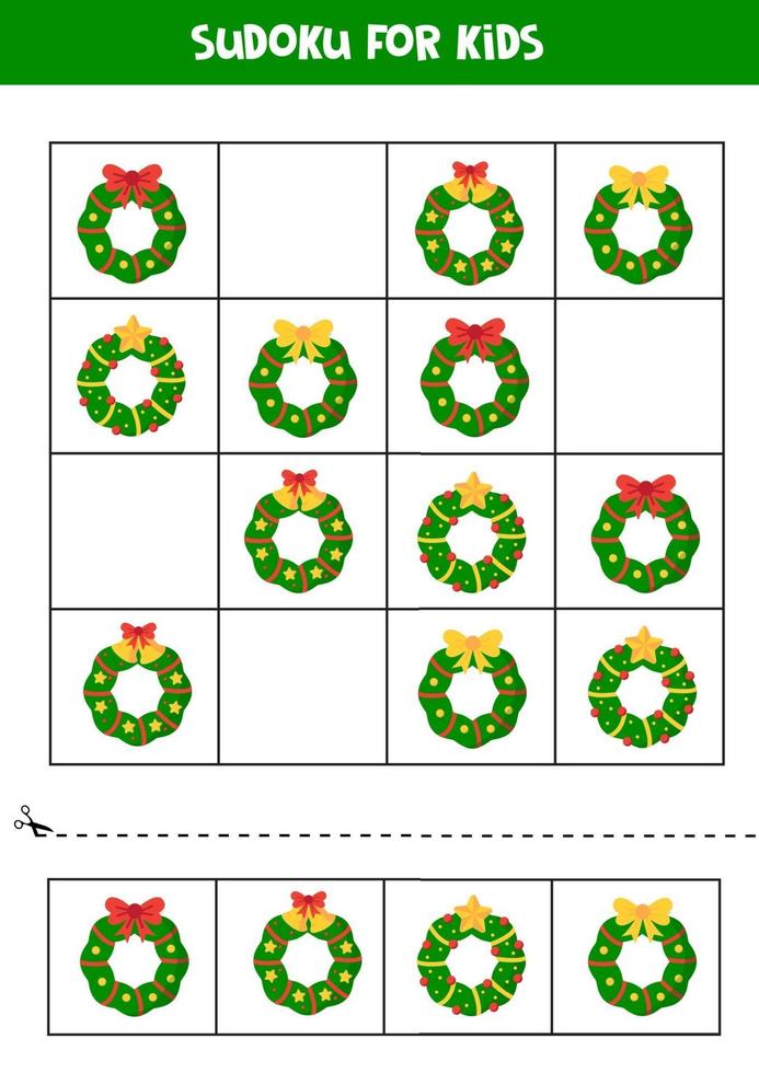 Sudoku game with different Christmas wreaths. Worksheet for children. vector