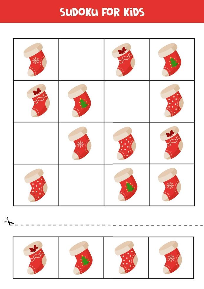 Sudoku game for kids. Set of Christmas socks. vector