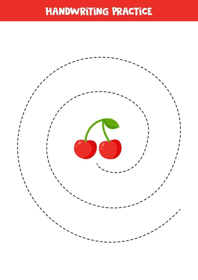 Tracing lines with cherry. Writing skills practice for kids. vector
