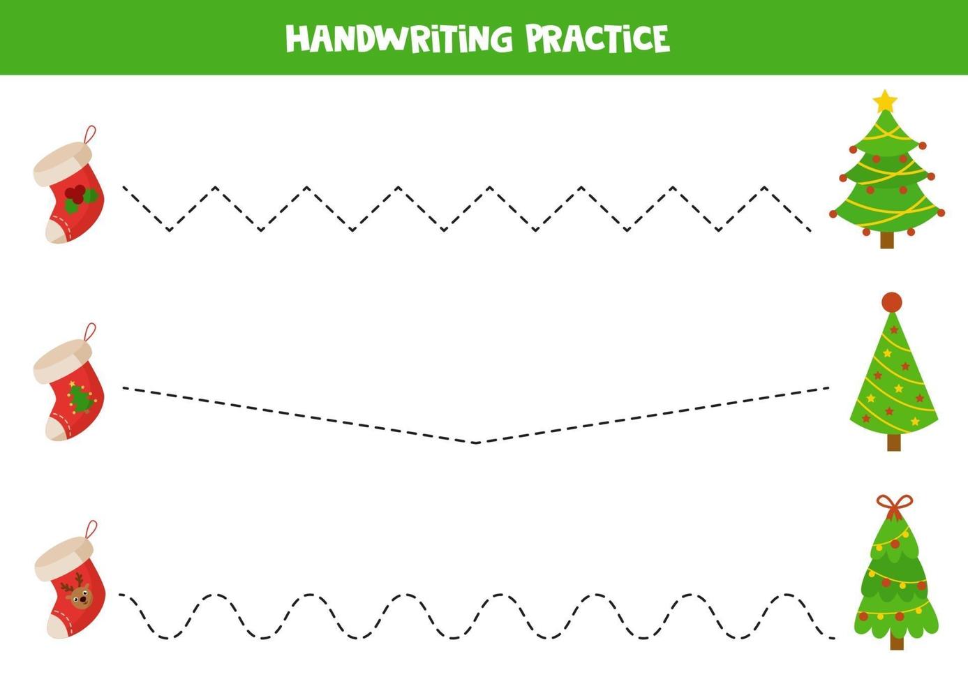 Trace the lines with cartoon Christmas socks and trees. vector