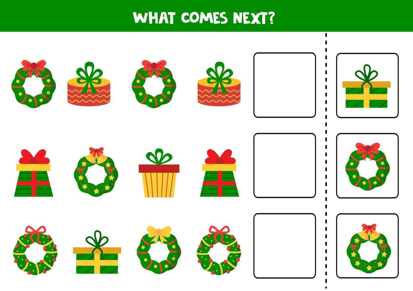 What comes next logical game. Cartoon Christmas wreaths and gifts. vector
