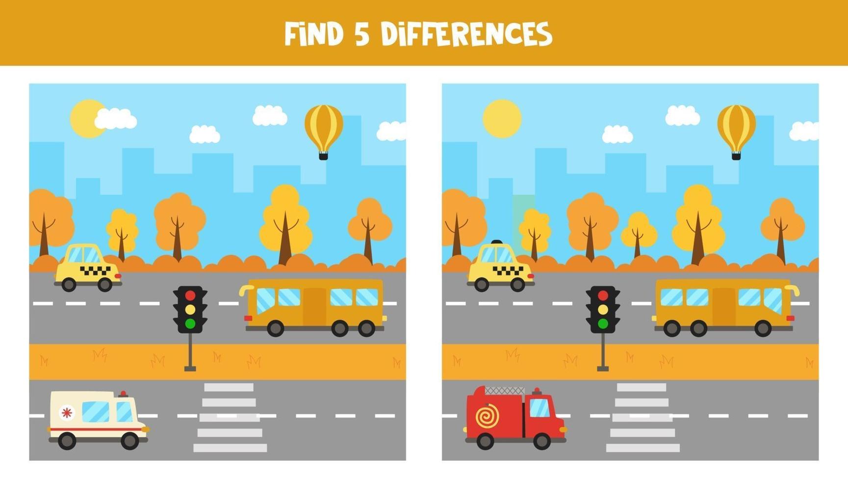 Encuentra 5 diferencias entre imágenes. medios de transporte. vector