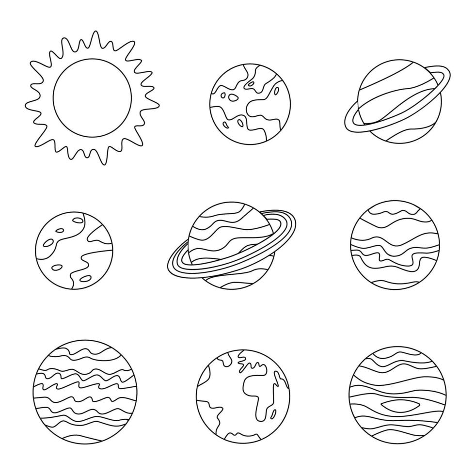 planetas del sistema solar de color y sol. hoja para colorear para niños. vector