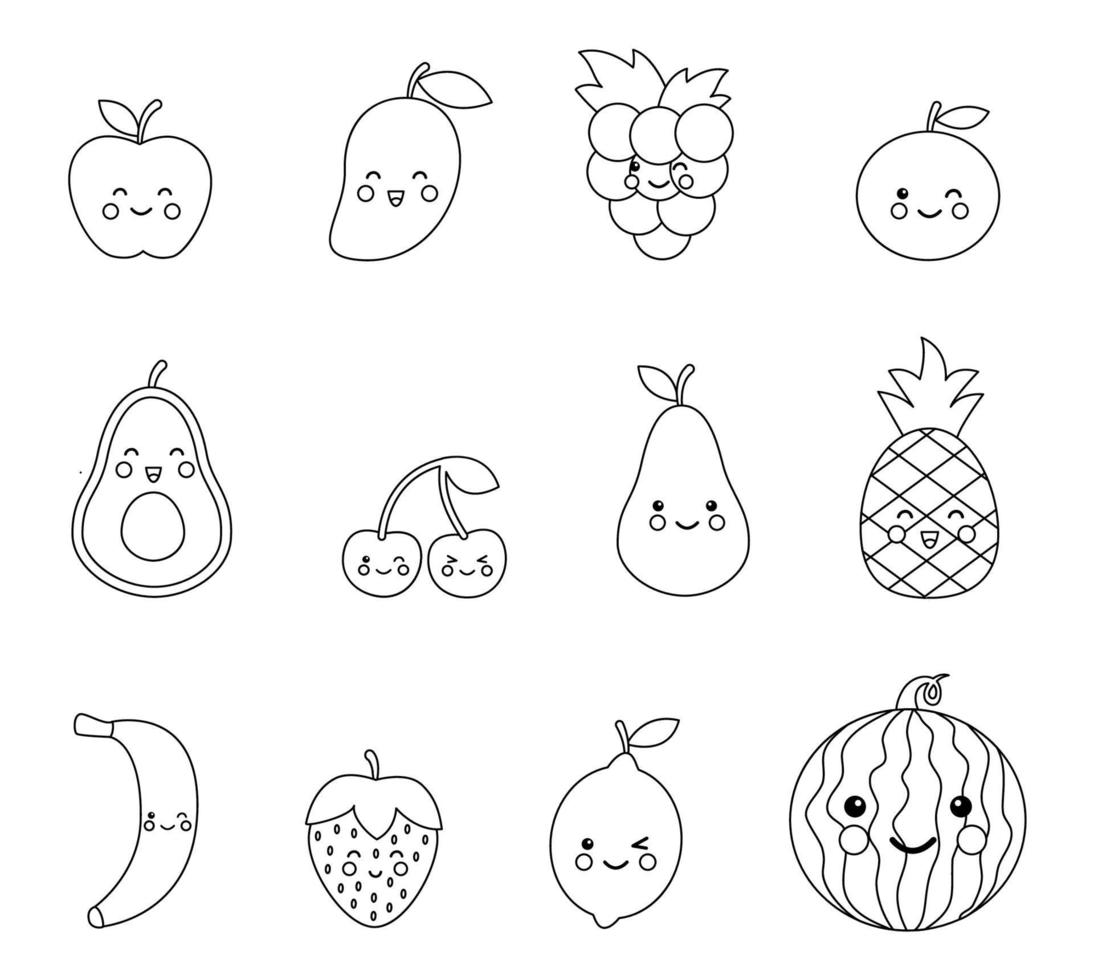 Coloring page with cute kawaii fruits and berries. Set of black and white fruits. vector