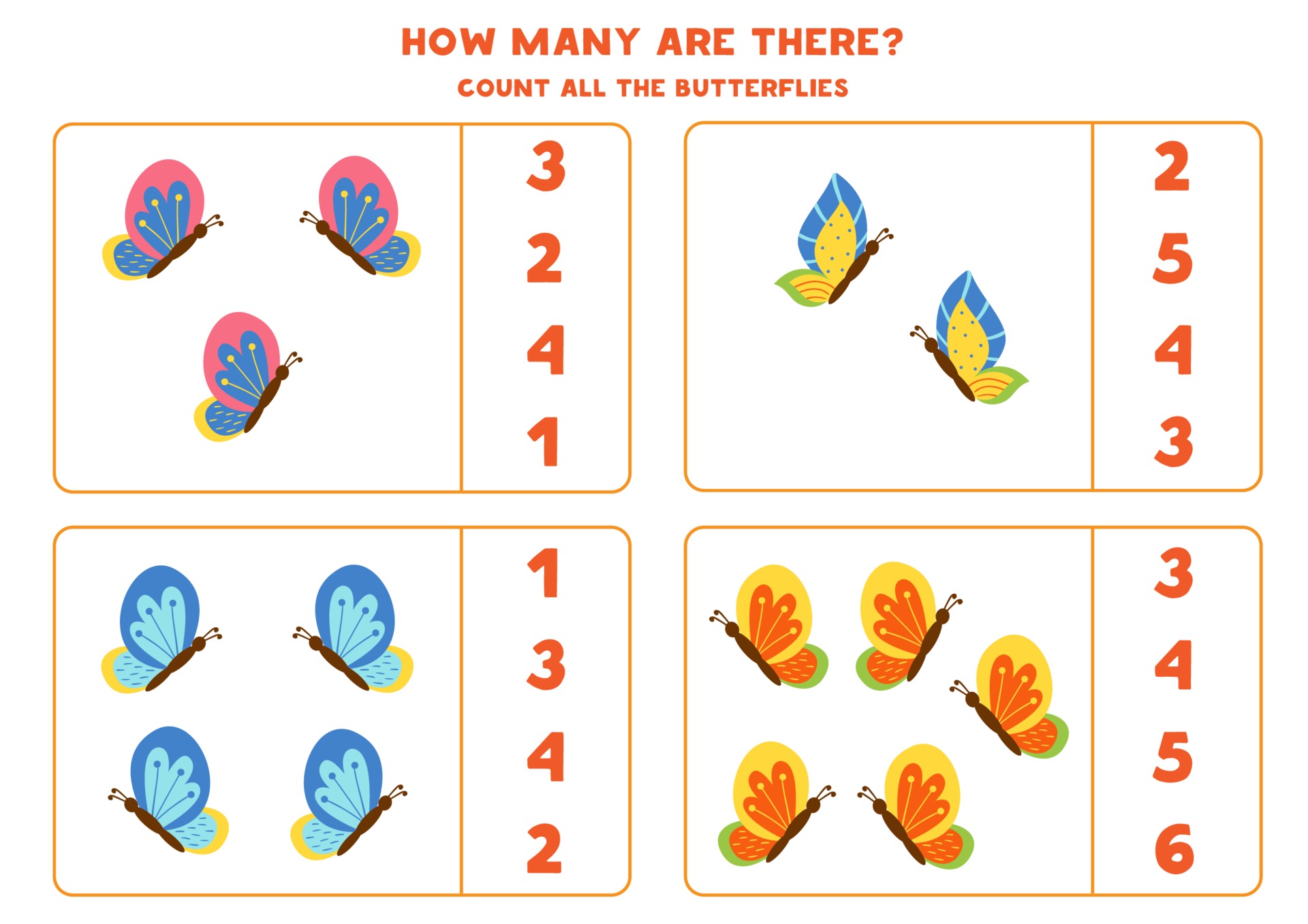 Counting game with butterflies. Math worksheet. 2170861 Vector Art at
