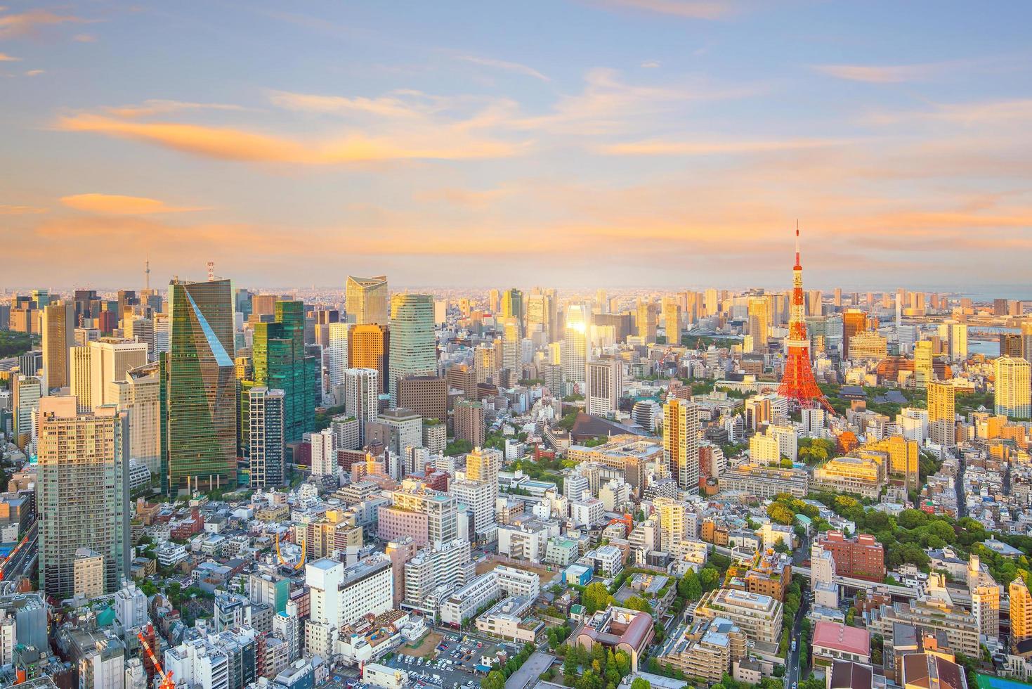 horizonte de tokio con la torre de tokio en japón foto