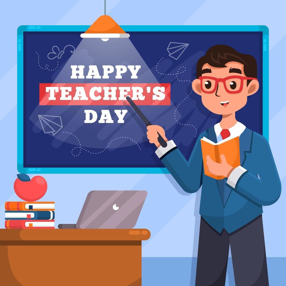 Happy Teacher Day with Classroom Background vector
