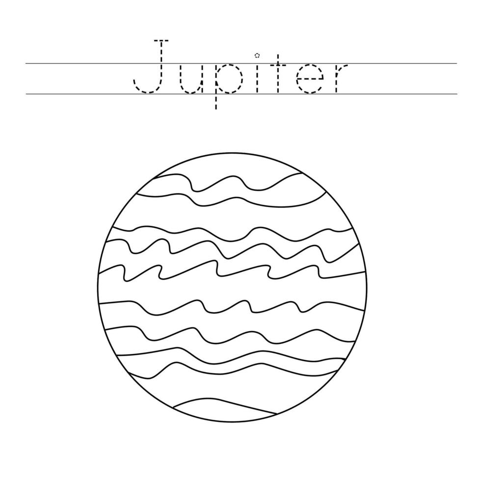 Tracing letters with planet Jupiter. Writing practice. vector