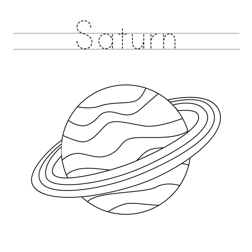 Tracing letters with planet Saturn. Writing practice. vector