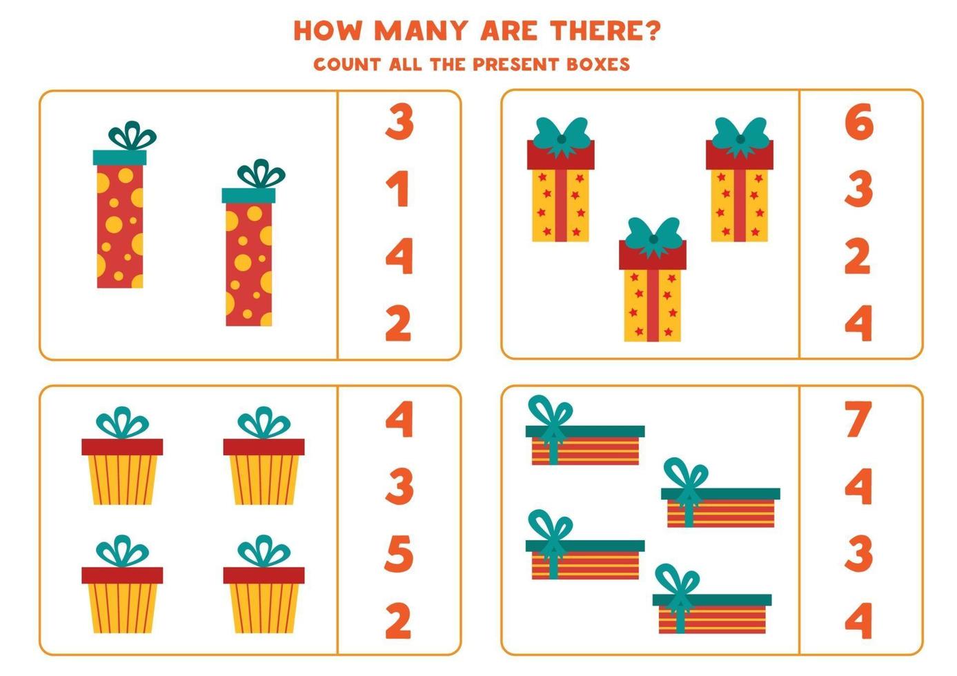 Counting game for kids. Count all Christmas gift boxes. vector