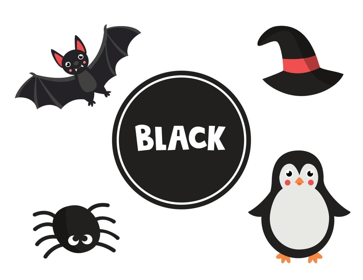 Learning black color for preschool kids. Educational worksheet. vector