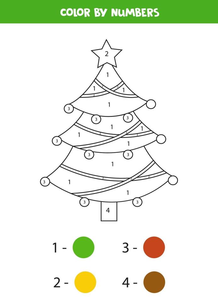 Color cute Christmas fir tree by numbers. vector