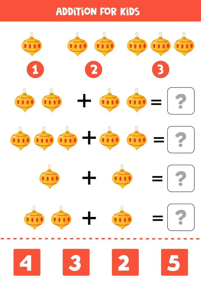 Addition with Christmas ball. Mathematical game for kids. vector