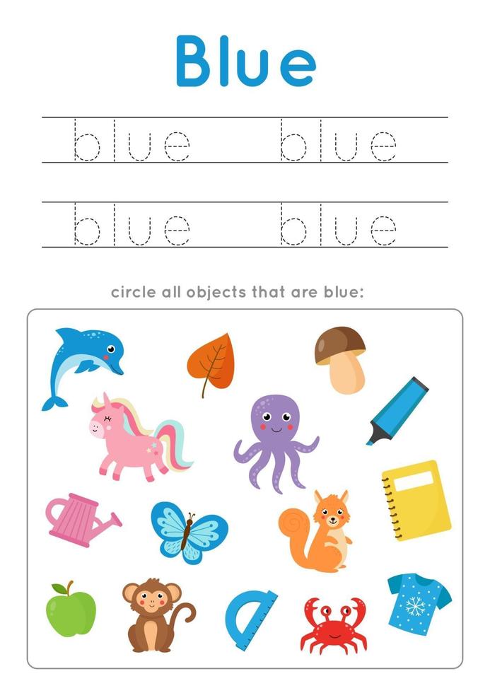 Learning blue color for preschool kids. Writing practice. vector