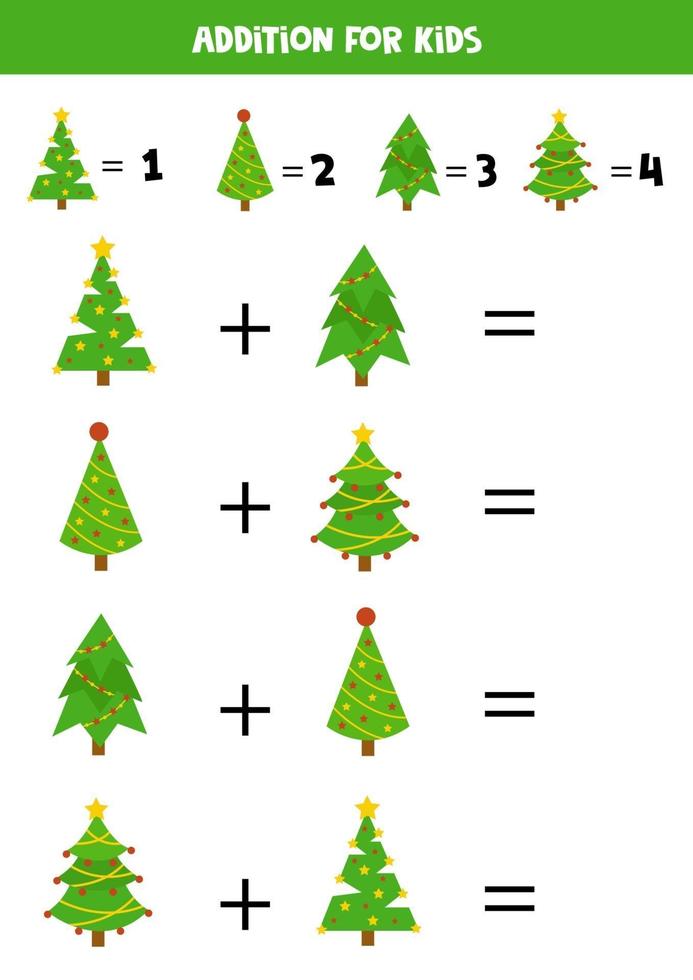 Addition with Christmas fir trees. Mathematical game for kids. vector