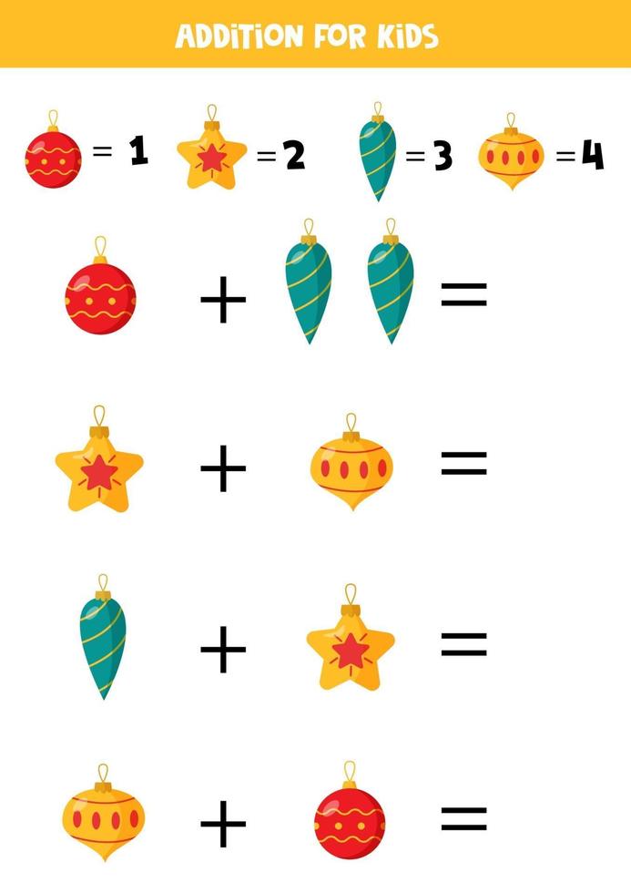 Addition with Christmas balls. Mathematical game for kids. vector