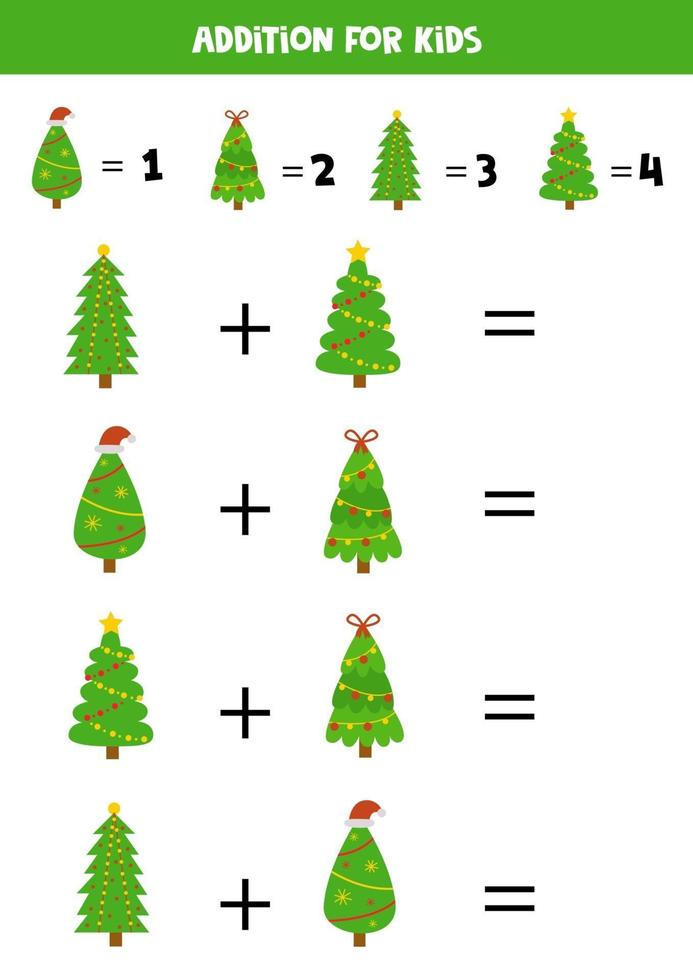 Addition with Christmas fir trees. Mathematical game for kids. vector