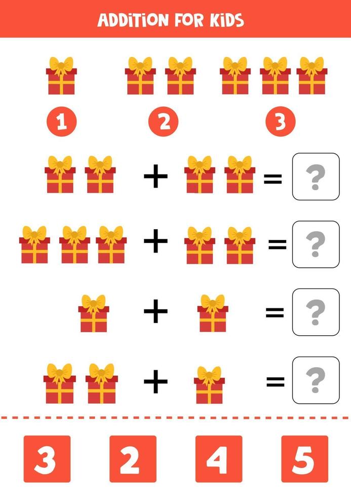 juego educativo de matemáticas para niños. Además con cajas de regalo. vector