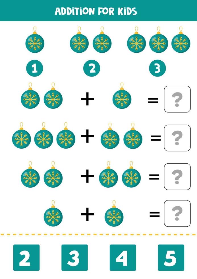 Addition with Christmas ball. Mathematical game for kids. vector