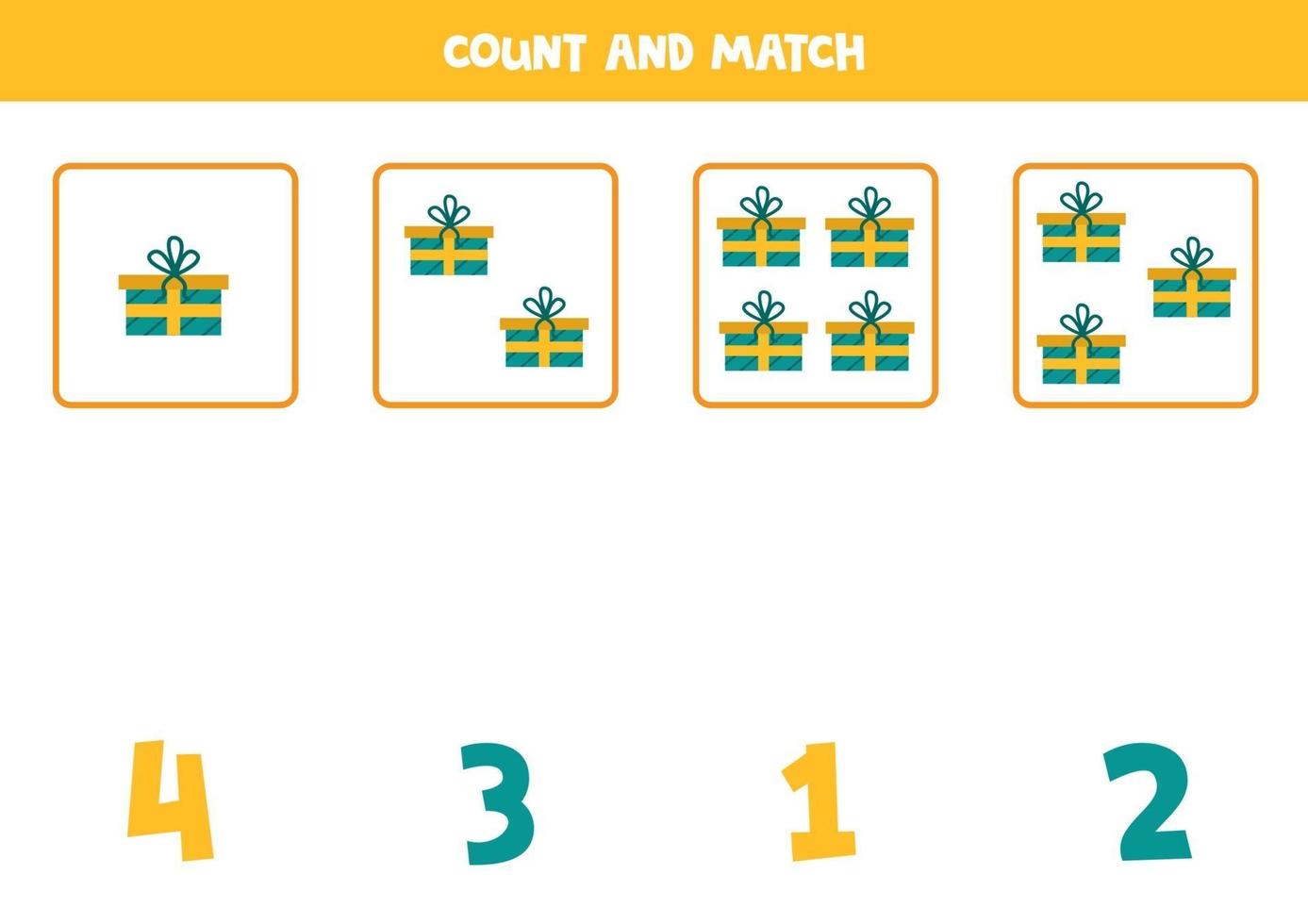 Count all objects and match with numbers. Math game with present boxes. vector