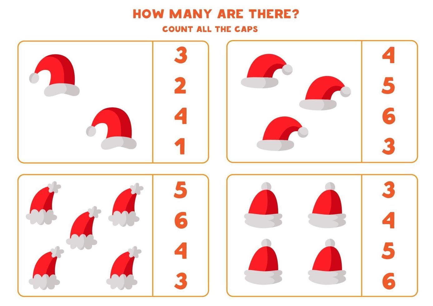 Count all Santa Claus hats. Math game for children. vector