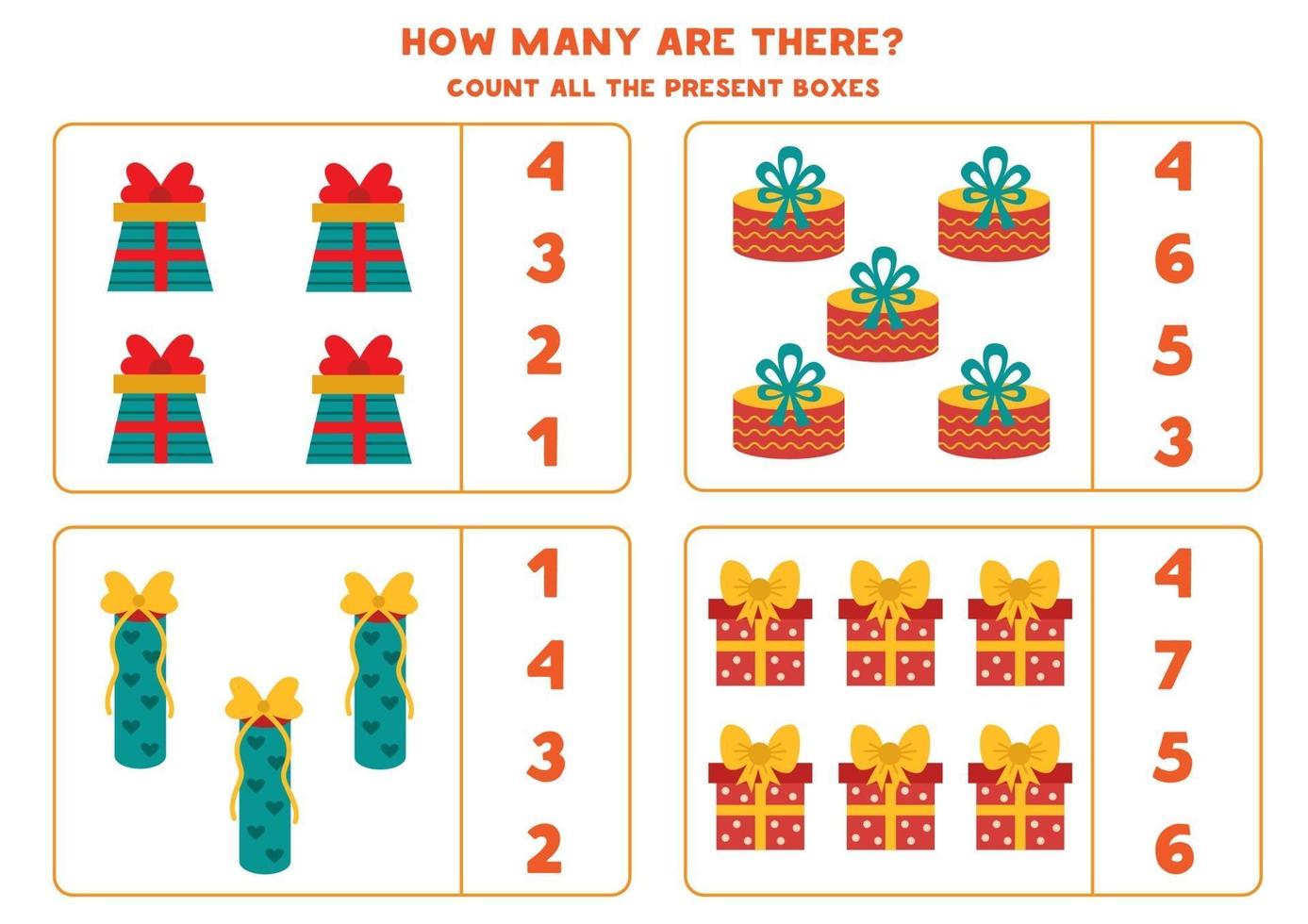 Counting game with present boxes. Math worksheet. vector