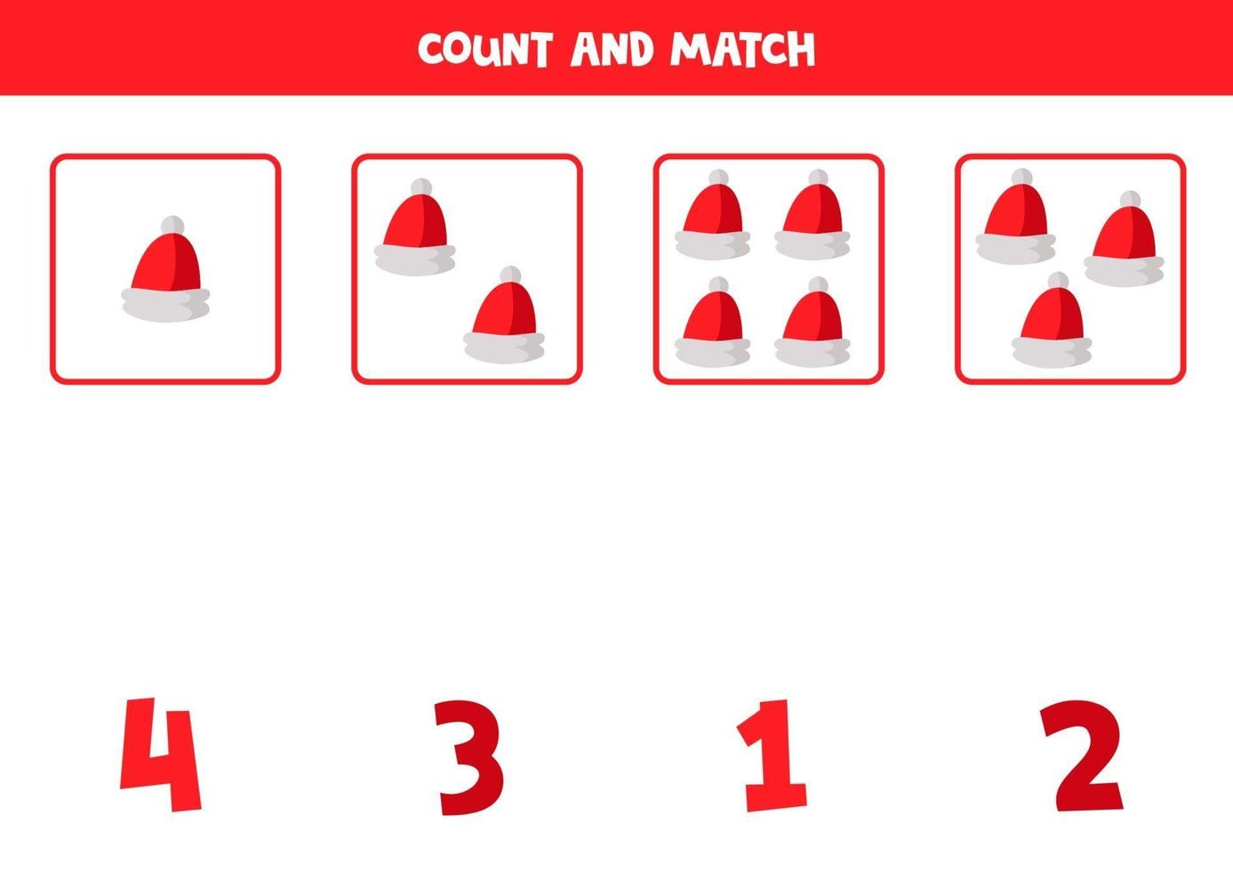 Counting worksheet with cartoon red Santa Claus caps. vector
