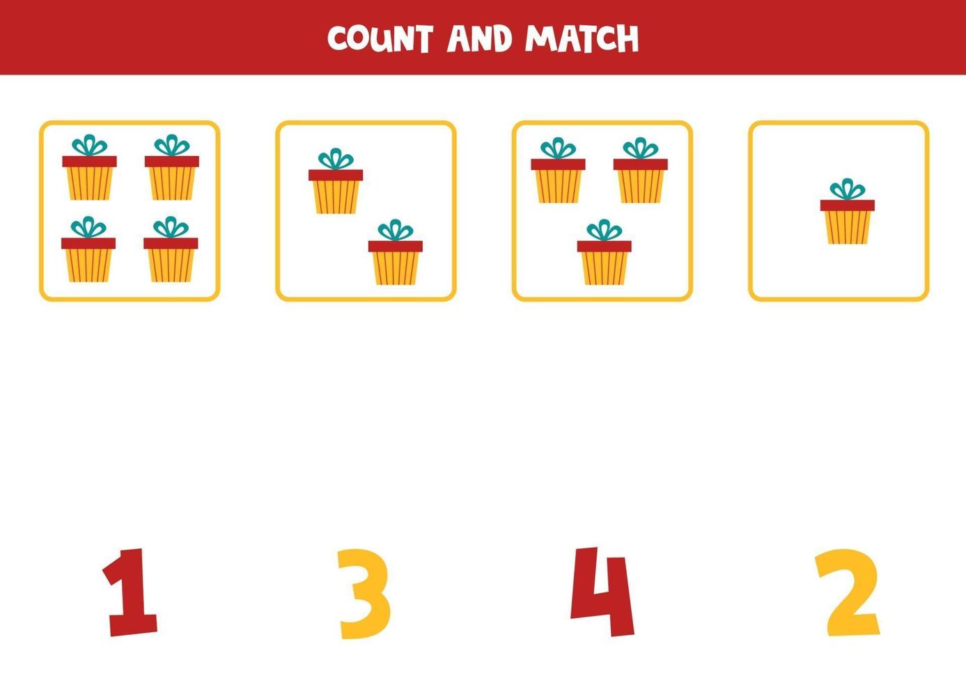 Count all objects and match with numbers. Math game with present boxes. vector