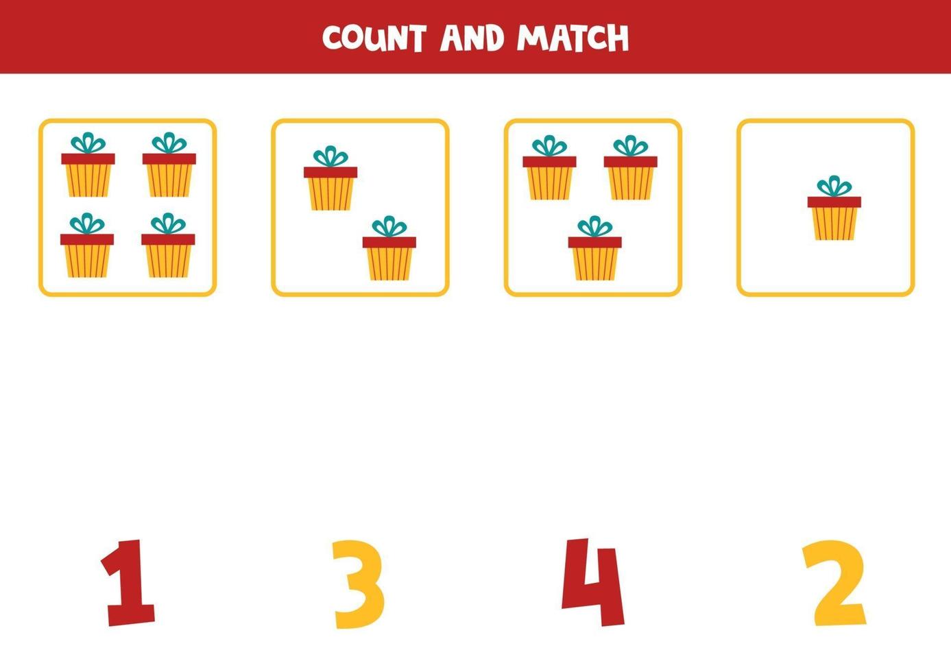 contar todos los objetos y relacionarlos con números. juego de matemáticas con cajas presentes. vector