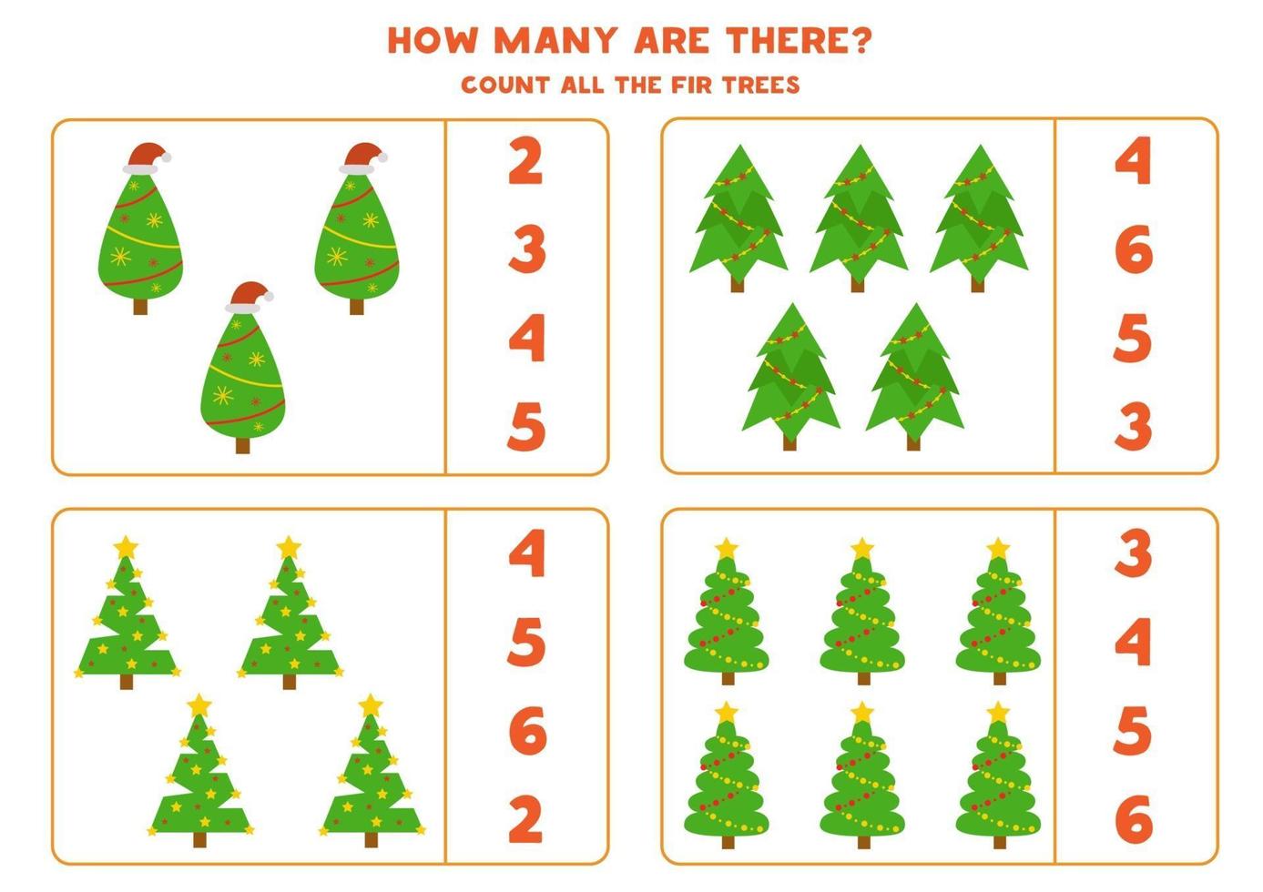 Count all Christmas trees. Math game for preschool children. vector