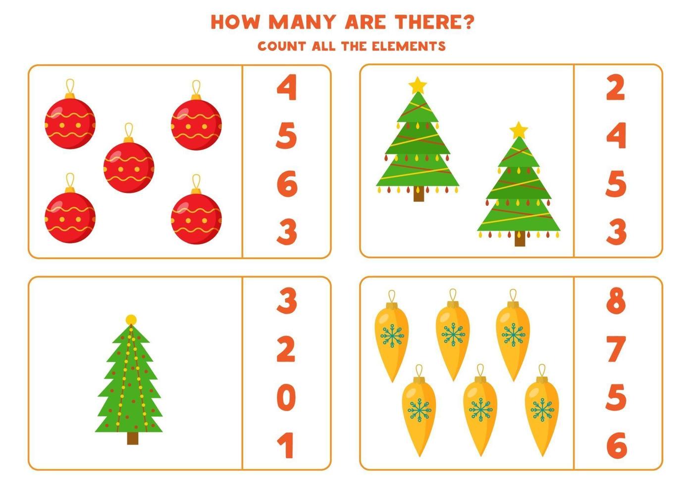 Counting game for kids. Math worksheet with Christmas balls and trees. vector