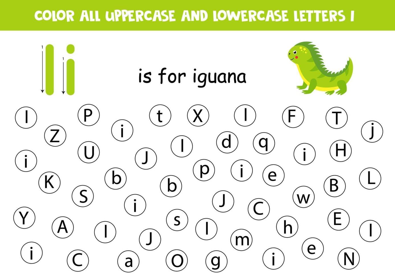 Alphabet worksheet. Find all letters I. Dot letters. vector