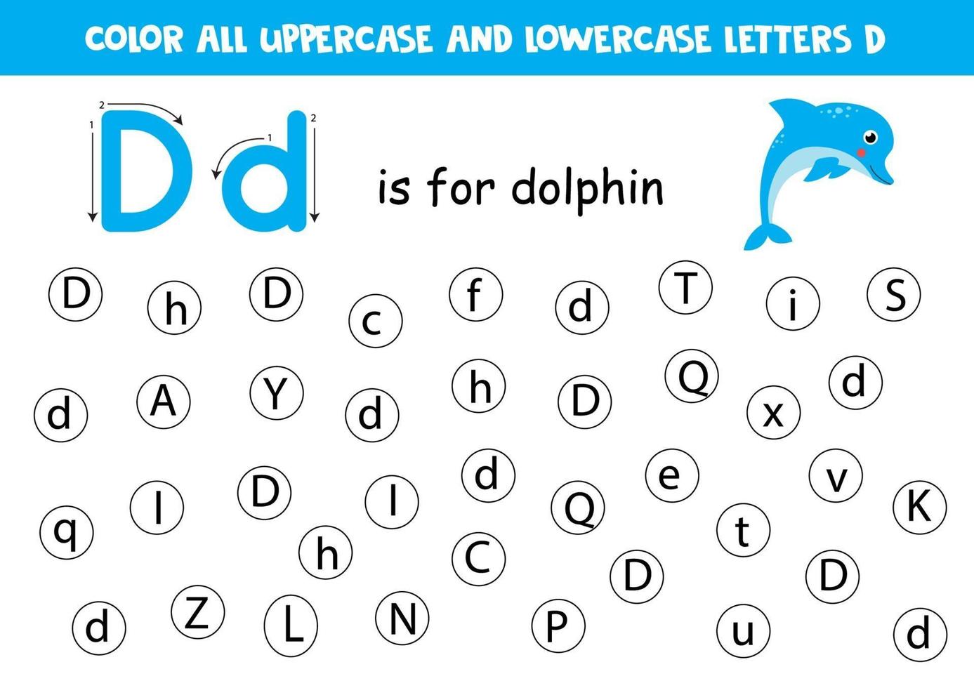 Find and color all letters D. Alphabet games for kids. vector