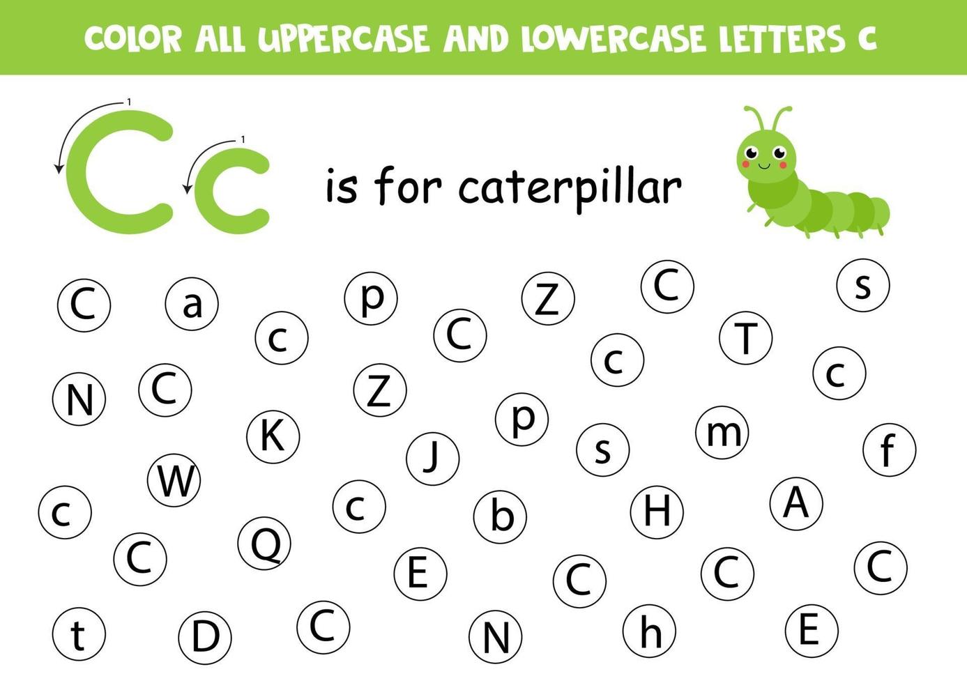 Find and color all letters C. Alphabet games for kids. vector