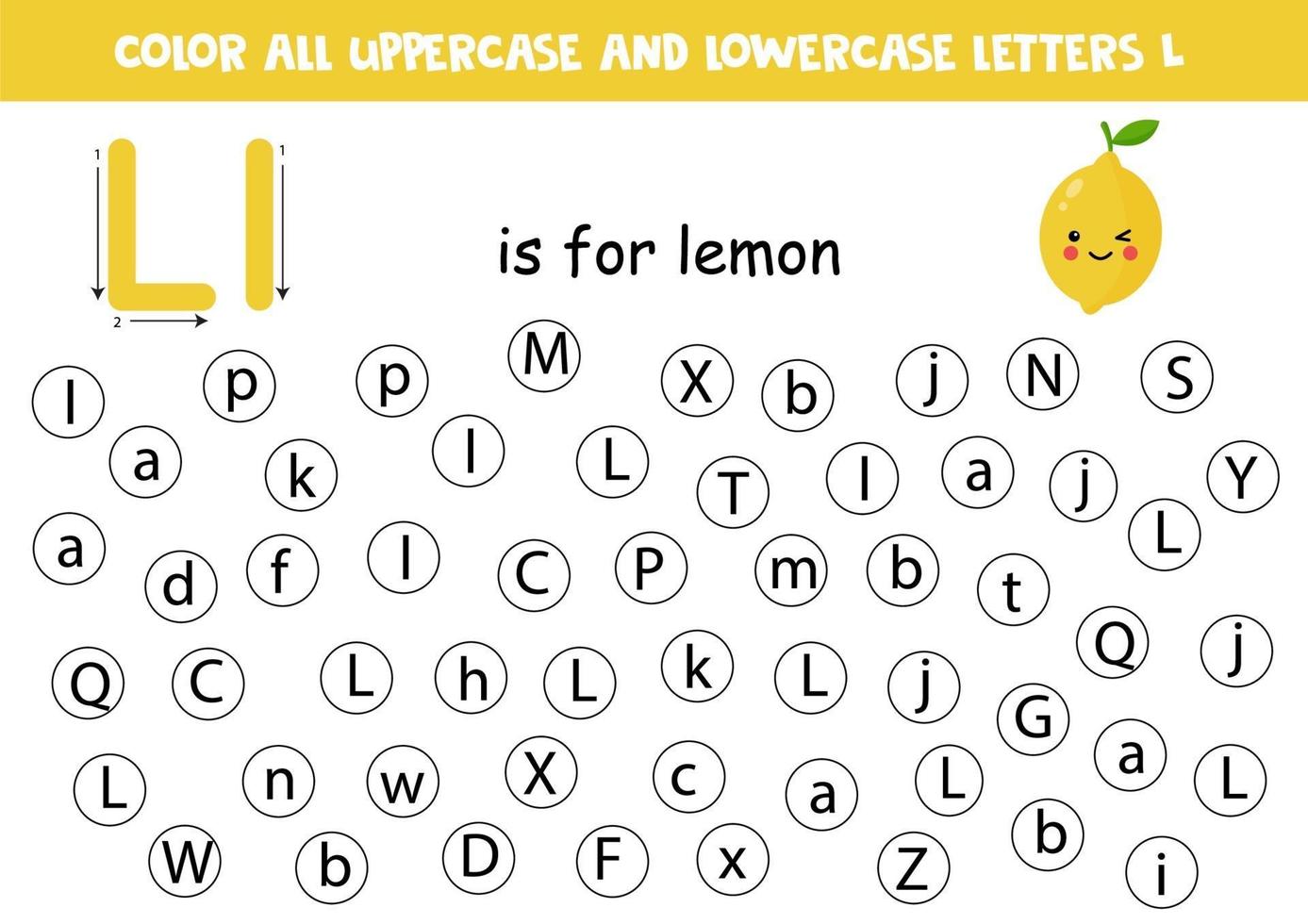encontrar y colorear todas las letras l. juegos de alfabeto para niños. vector