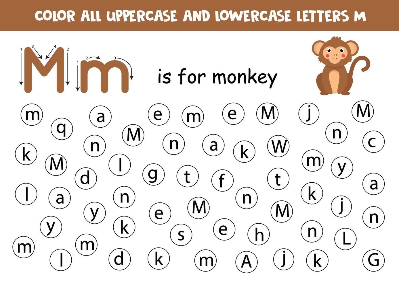 Alphabet worksheet. Find all letters M. Dot letters. vector