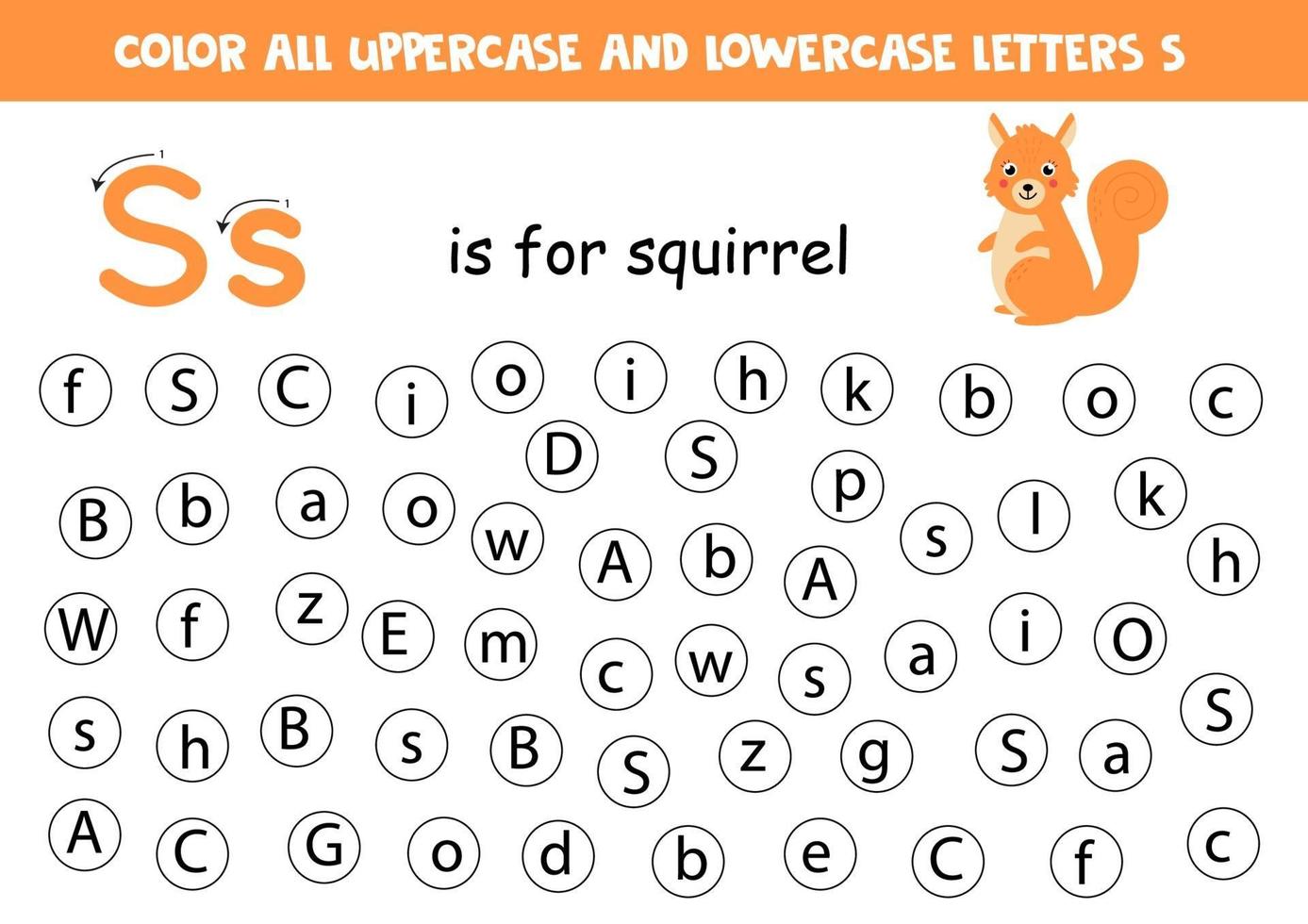 encuentra y colorea todas las letras s. juegos de alfabeto para niños. vector