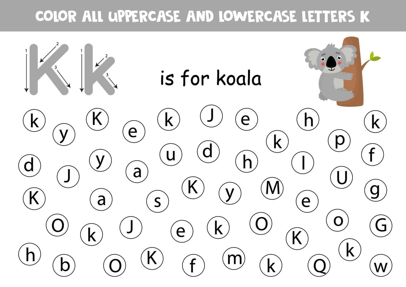 encontrar y colorear todas las letras k. juegos de alfabeto para niños. vector