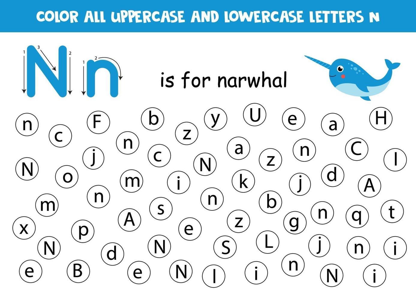 encontrar y colorear todas las letras n. juegos de alfabeto para niños. vector