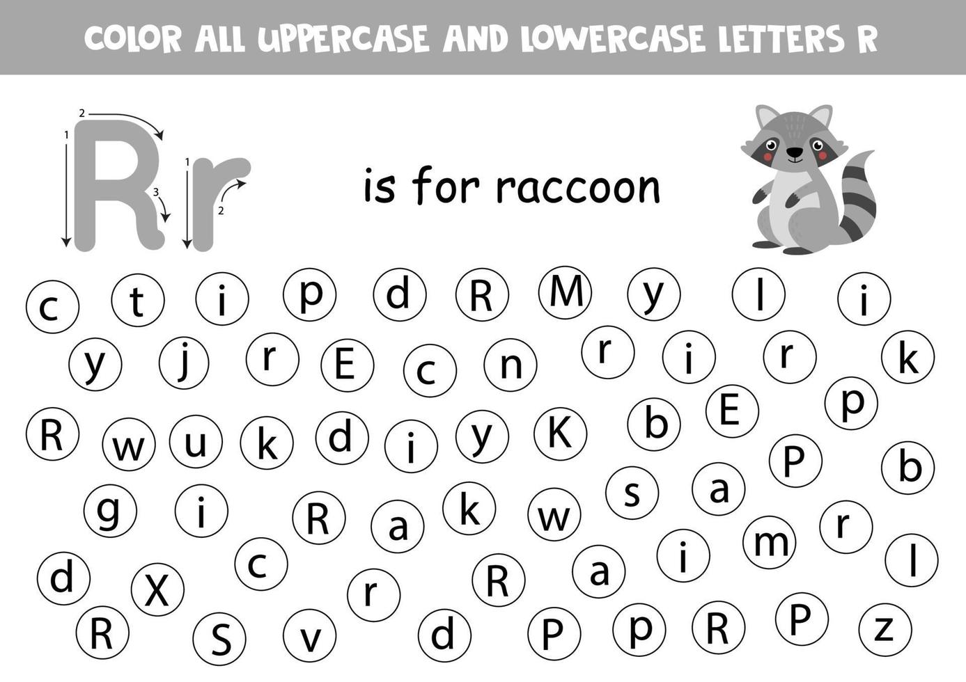Alphabet worksheet. Find all letters R. Dot letters. vector