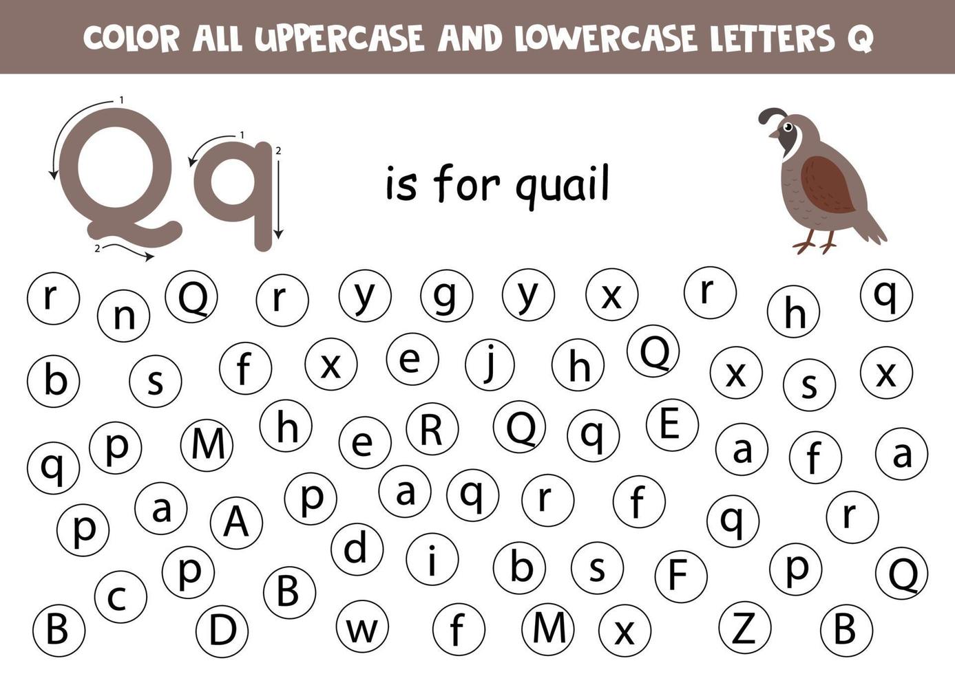 Find and color all letters Q. Alphabet games for kids. vector