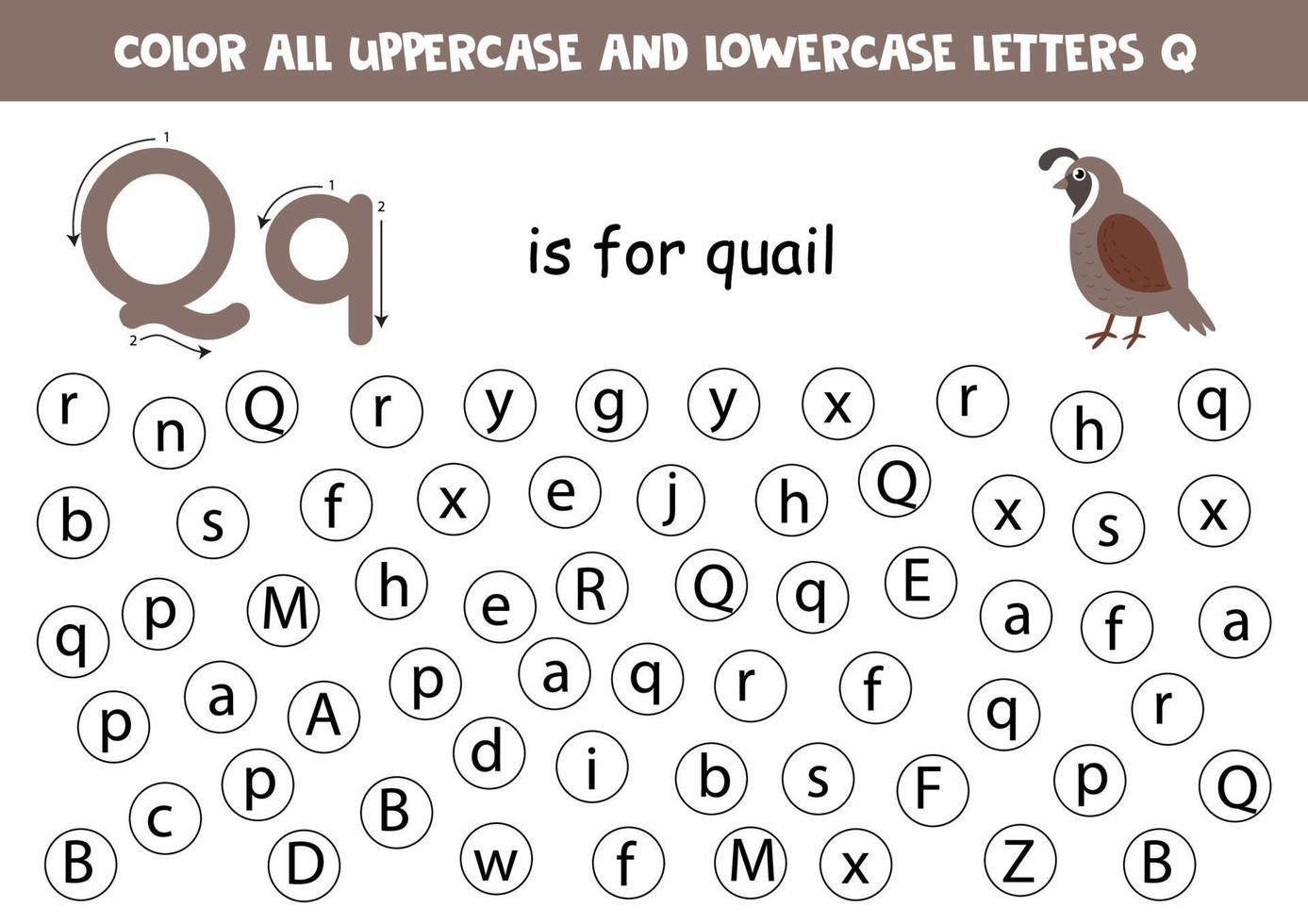 encontrar y colorear todas las letras q. juegos de alfabeto para niños. vector