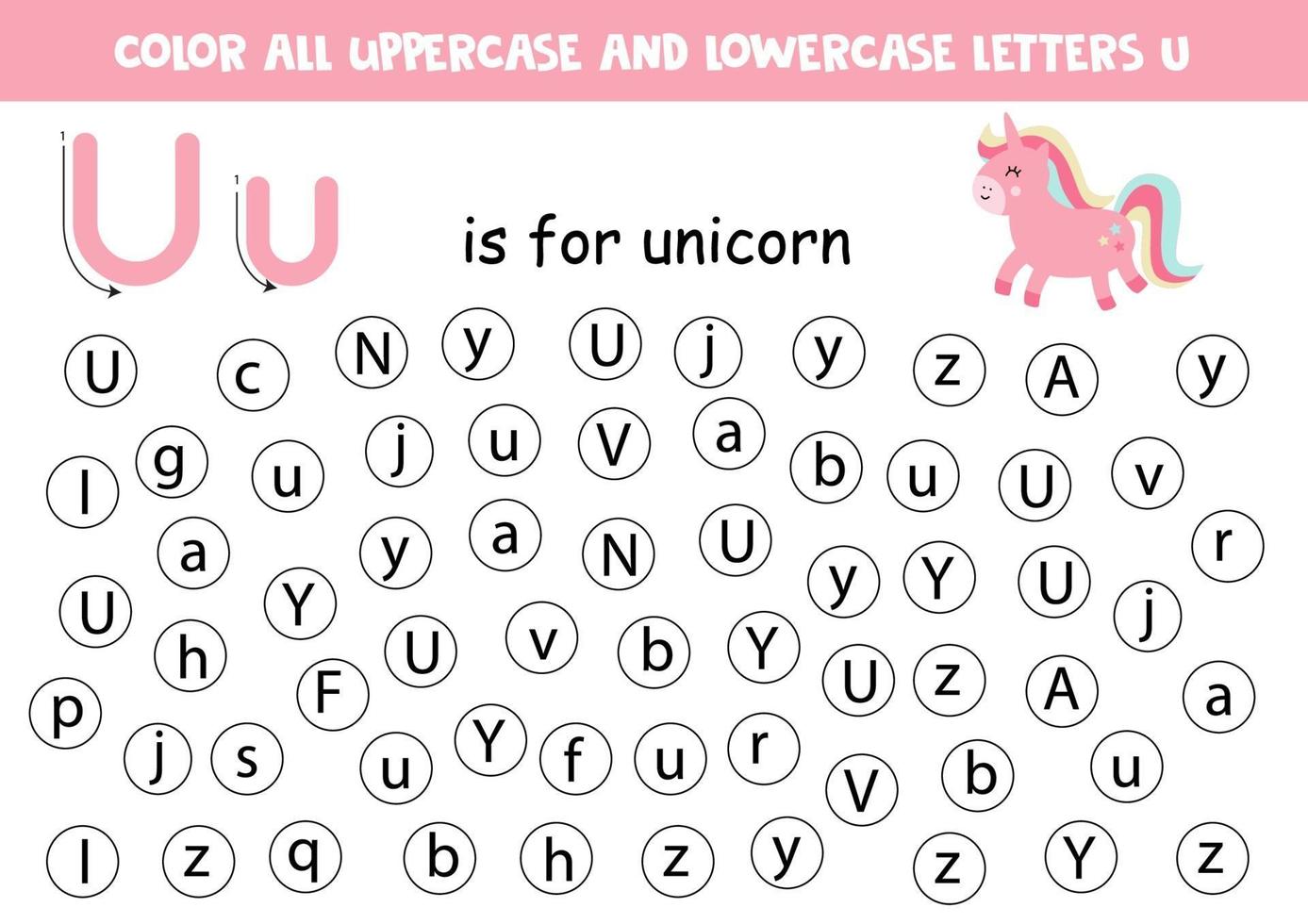 Alphabet worksheet. Find all letters U. Dot letters. vector