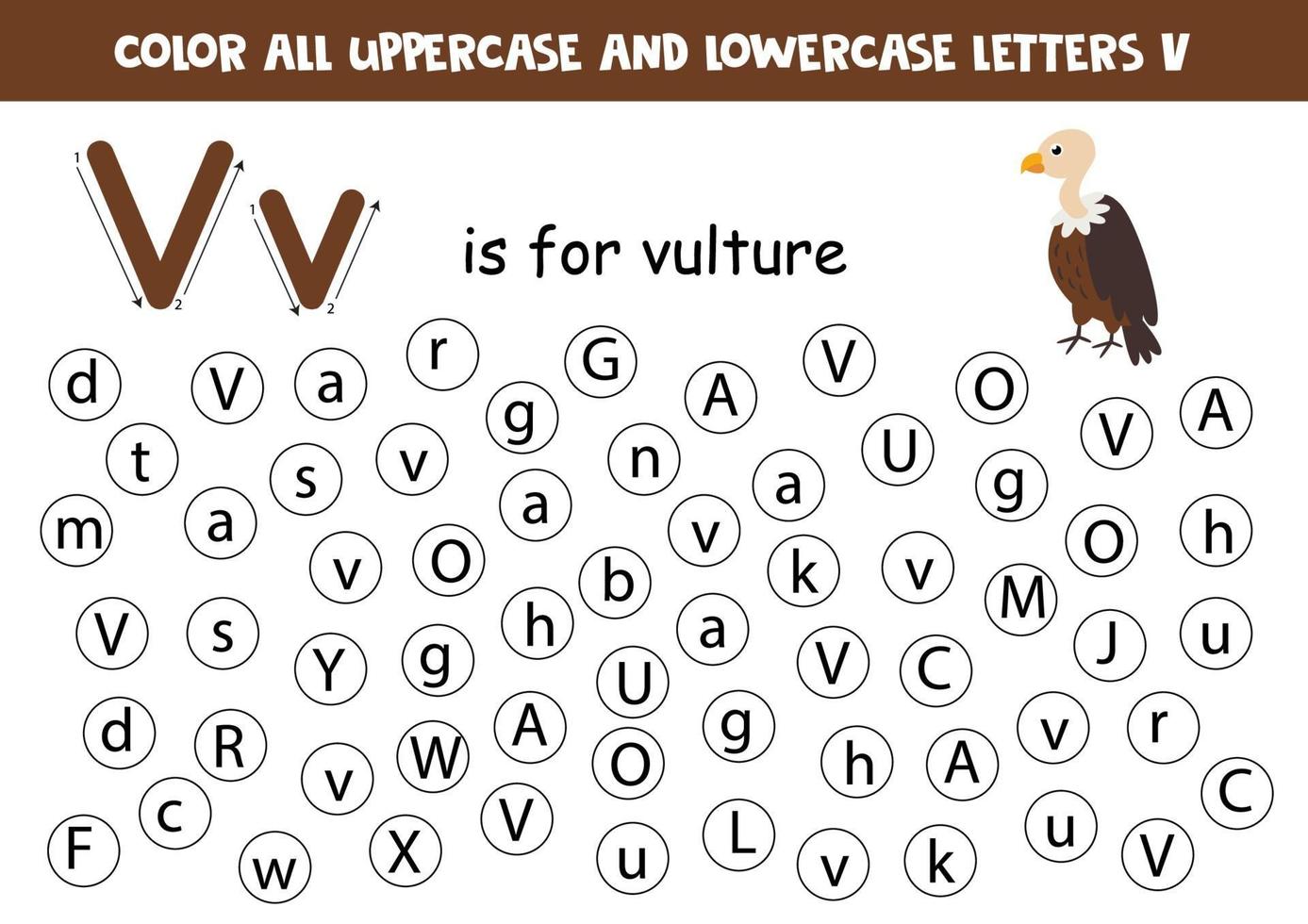 encontrar y colorear todas las letras v. juegos de alfabeto para niños. vector