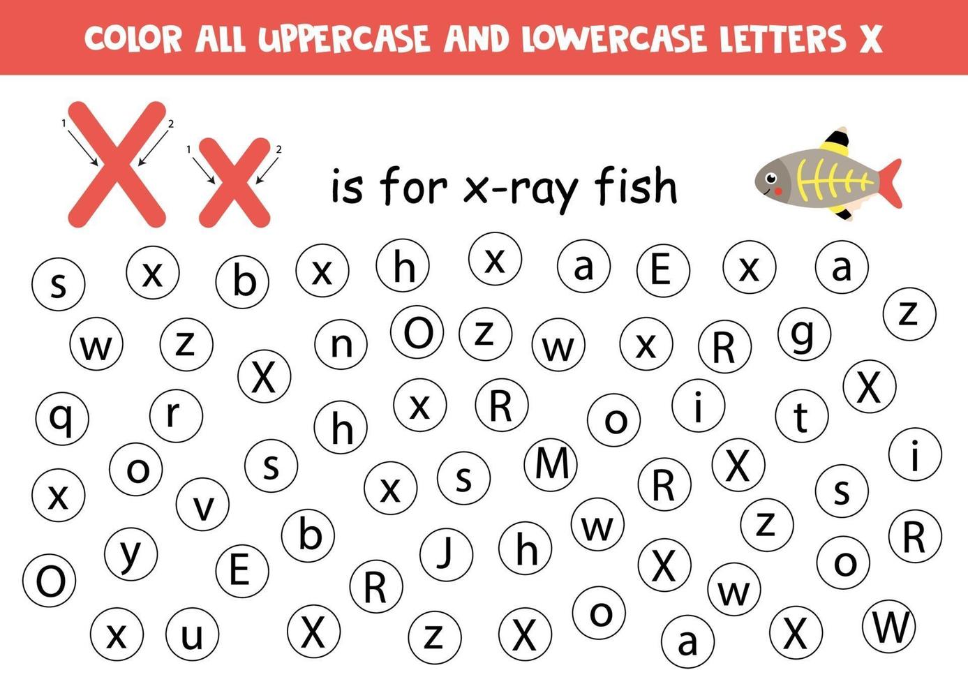 Alphabet worksheet. Find all letters X.  Dot letters. vector