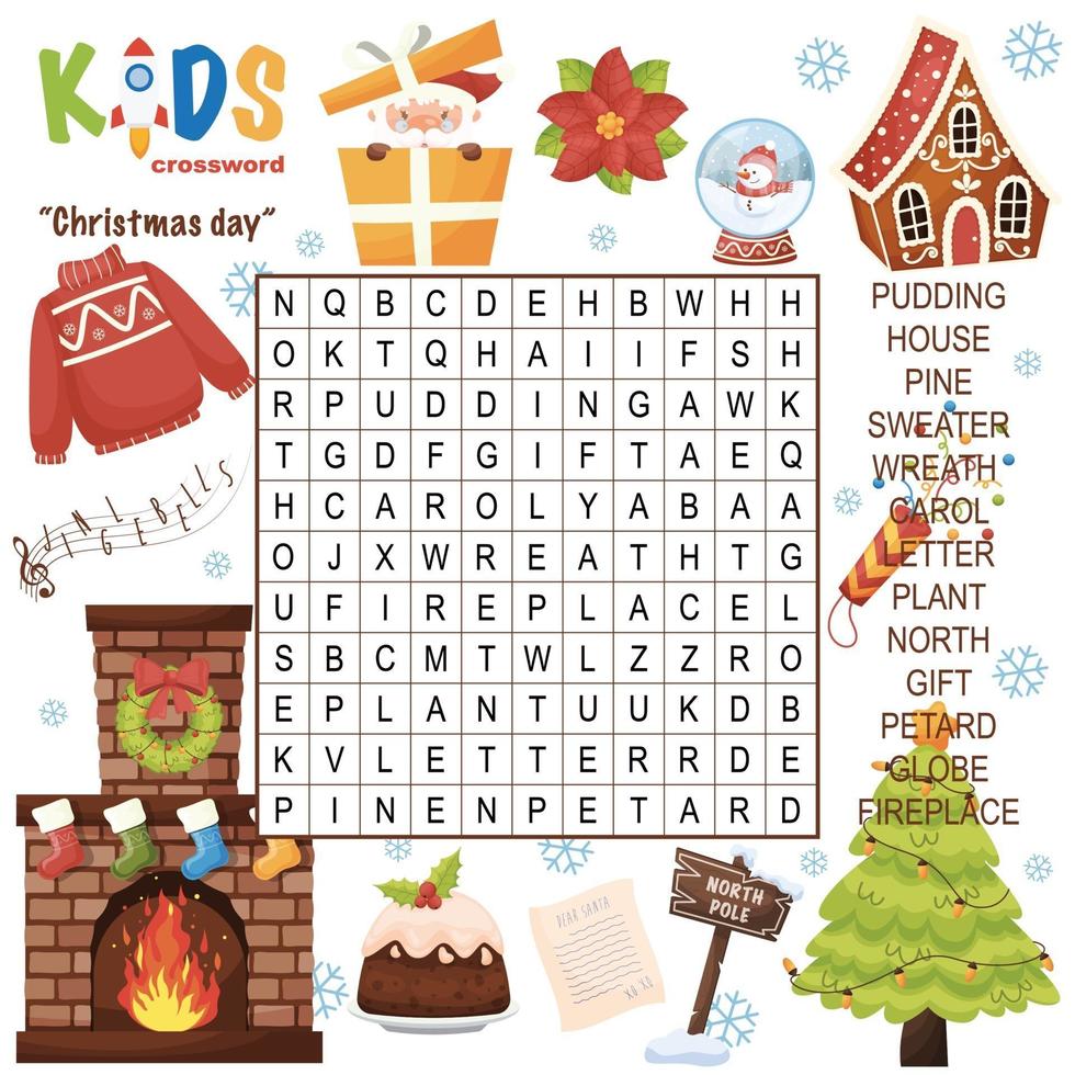 Merry Christmas word search crossword vector