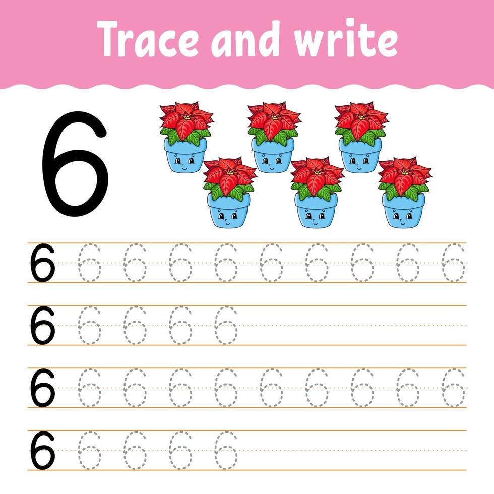Learn Number 6. Trace and write. Winter theme. Handwriting practice. Learning numbers for kids. Education developing worksheet. Color activity page. Isolated vector illustration in cute cartoon style.