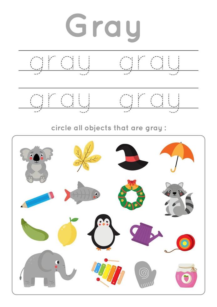 Learning gray color for preschool kids. Writing practice. vector