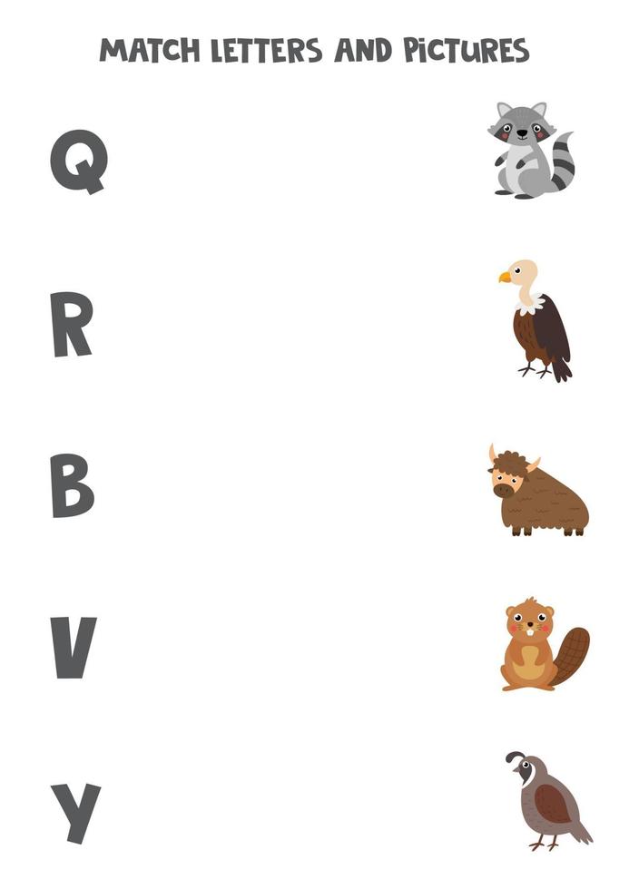Match different animals with alphabet letters. Educational game. vector